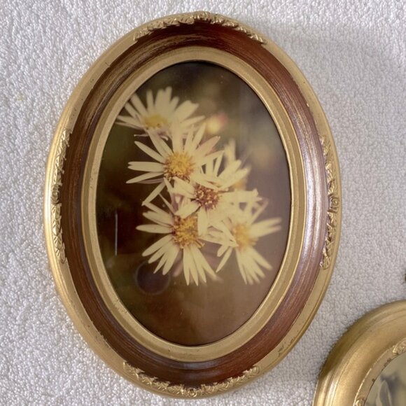 Vintage Floral Oval Wall Art Set W Gold Tone Chunky Frames x2 - Picture 3 of 10